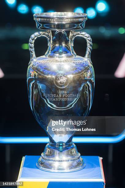 The UEFA European Championship trophy on the stage before the UEFA Euro 2024 qualifying group stage draw at Messe Frankfurt on October 09, 2022 in...