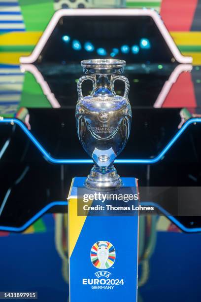 The UEFA European Championship trophy on the stage before the UEFA Euro 2024 qualifying group stage draw at Messe Frankfurt on October 09, 2022 in...