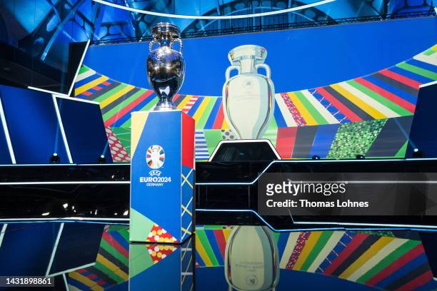 The UEFA European Championship trophy on the stage before the UEFA Euro 2024 qualifying group stage draw at Messe Frankfurt on October 09, 2022 in...