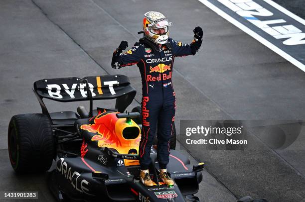 Race winner and 2022 F1 World Drivers Champion Max Verstappen of Netherlands and Oracle Red Bull Racing celebrates in parc ferme during the F1 Grand...