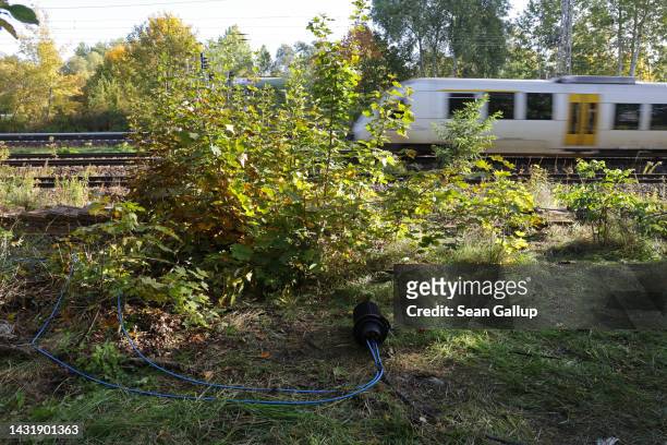 Newly-laid cables lie next to railway tracks at the spot in Hohenschoenhausen district where the day before technicians repaired a section of fibre...
