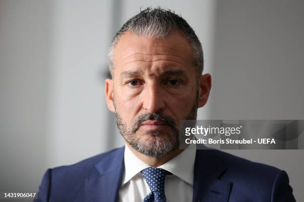 Gianluca Zambrotta is interviewed ahead of the UEFA EURO 2024 qualifying round draw at Messe Frankfurt on October 09, 2022 in Frankfurt am Main,...