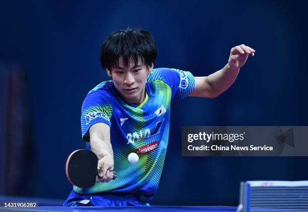 Shunsuke Togami of Japan competes against Wang Chuqin of China during the Men's semi-final match between China and Japan on Day 9 of 2022 ITTF World...