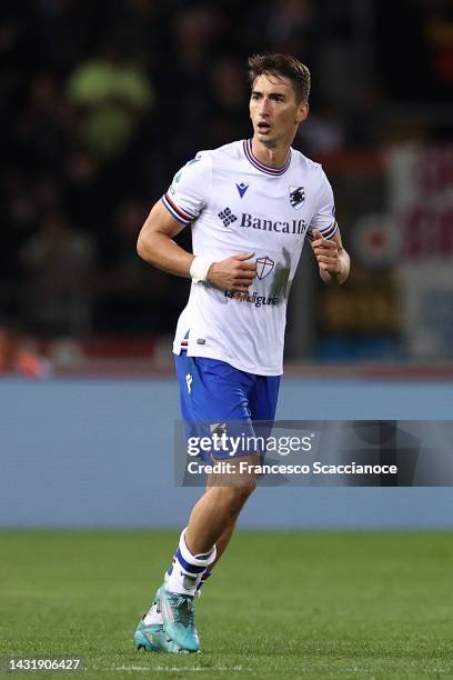 Filip Djuricic of UC Sampdoria looks on during the Serie A match between Bologna FC and UC Sampdoria at Stadio Renato Dall'Ara on October 08, 2022 in...