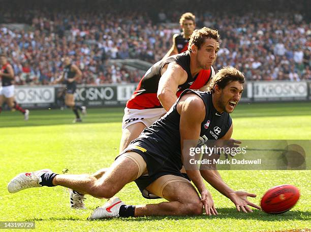 Jarrad Waite of the Blues dives to gather the ball under pressure from Kyle Hardingham of the Bombers during the round four AFL match between the...