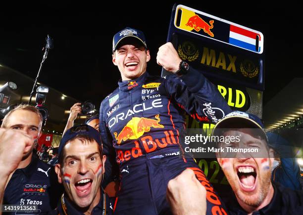 Race winner and 2022 F1 World Drivers Champion Max Verstappen of Netherlands and Oracle Red Bull Racing celebrates with his team after the F1 Grand...