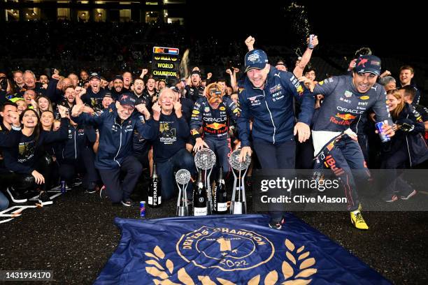 Race winner and 2022 F1 World Drivers Champion Max Verstappen of Netherlands and Oracle Red Bull Racing celebrates with his team after the F1 Grand...