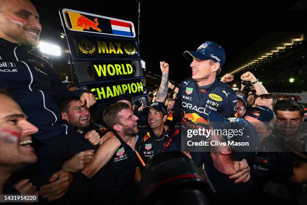 Race winner and 2022 F1 World Drivers Champion Max Verstappen of Netherlands and Oracle Red Bull Racing celebrates with his team after the F1 Grand...