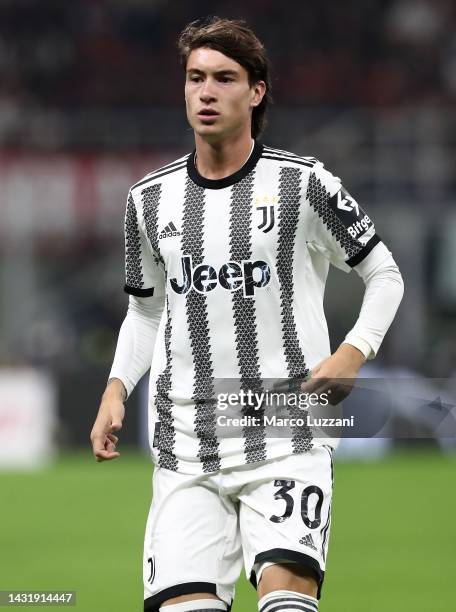 Matias Soule' of Juventus FC looks on during the Serie A match between AC Milan and Juventus at Stadio Giuseppe Meazza on October 08, 2022 in Milan,...
