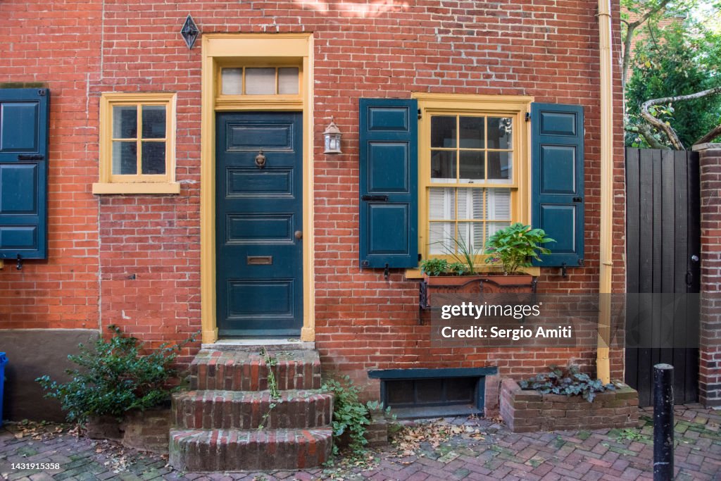 Front door of brick terraced townhouse in Philadelphia
