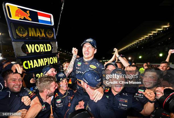 Race winner and 2022 F1 World Drivers Champion Max Verstappen of Netherlands and Oracle Red Bull Racing celebrates with his team after the F1 Grand...