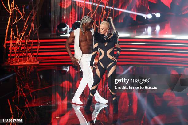 Paola Barale and Roly Maden attend the "Ballando Con Le Stelle" Tv Show at Auditorium RAI on October 08, 2022 in Rome, Italy.