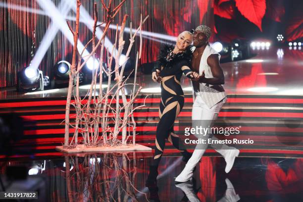 Paola Barale and Roly Maden attend the "Ballando Con Le Stelle" Tv Show at Auditorium RAI on October 08, 2022 in Rome, Italy.