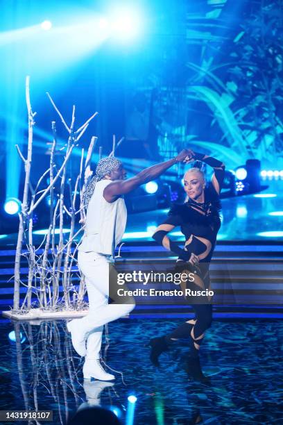 Paola Barale and Roly Maden attend the "Ballando Con Le Stelle" Tv Show at Auditorium RAI on October 08, 2022 in Rome, Italy.