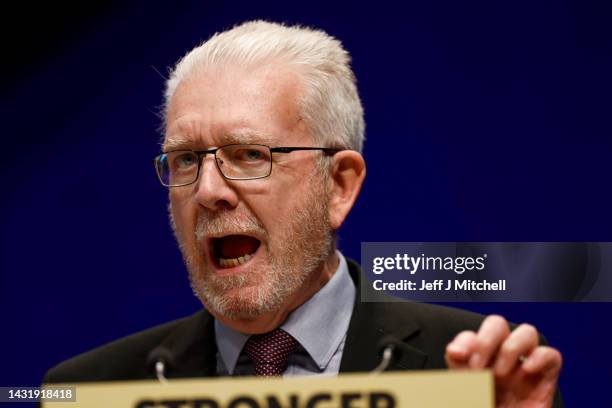 President and Political Director of the SNP Independence Unit Michael Russell addresses the Scottish National Party Conference on October 09, 2022 in...