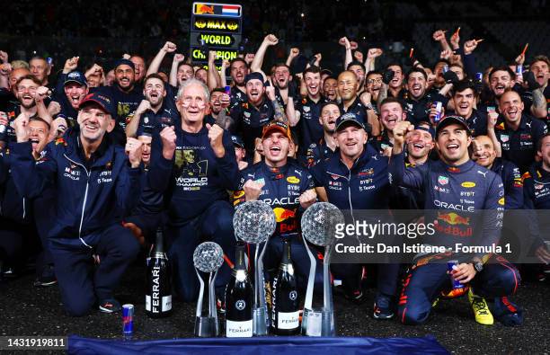 Race winner and 2022 F1 World Drivers Champion Max Verstappen of Netherlands and Oracle Red Bull Racing celebrates with his team after the F1 Grand...