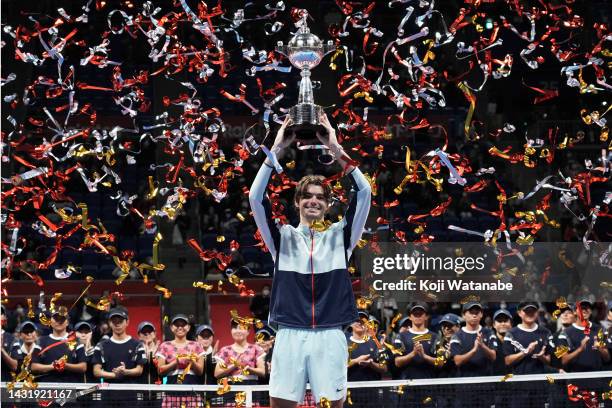 Taylor Fritz of the United States celebrates winning during singles final game on day seven of the Rakuten Japan Open at Ariake Coliseum on October...