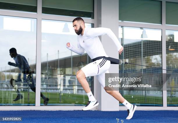 Karim Benzema, player of Real Madrid, is training with his teammates at Valdebebas training ground on October 09, 2022 in Madrid, Spain.