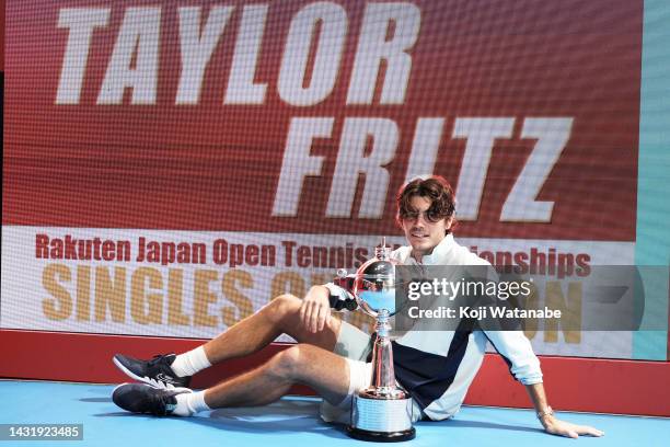 Taylor Fritz of the United States celebrates winning the singles final game on day seven of the Rakuten Japan Open at Ariake Coliseum on October 09,...