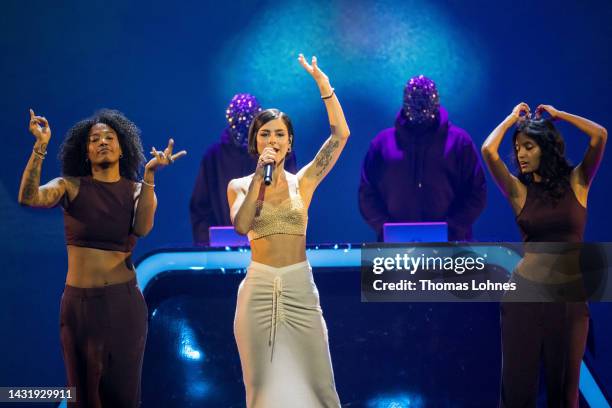 German singer Lena Meyer-Landrut performs on stage during the UEFA Euro 2024 qualifying group stage draw at Messe Frankfurt on October 09, 2022 in...