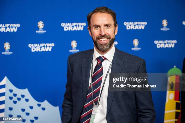 Gareth Southgate, Head Coach of England arrives ahead of the UEFA EURO 2024 qualifying round draw at Messe Frankfurt on October 09, 2022 in Frankfurt...