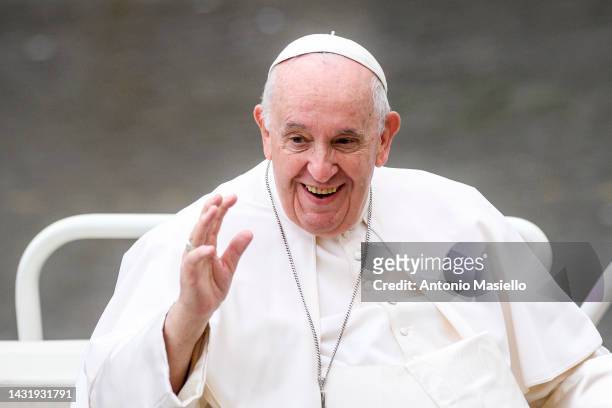 Pope Francis waves to the faithful gathered in St. Peter's Square after the canonisation mass of bishop Artemide Zatti and Giovanni Battista...