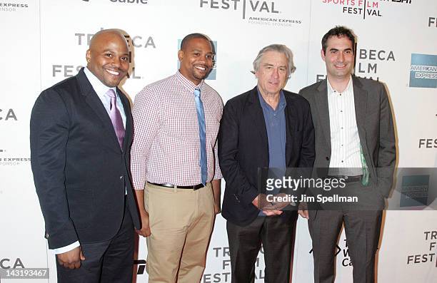 Directors Coodie Simmons and Chike Ozah, Robert De Niro, Co-Founder Tribeca Film Festival, and Vice President, ESPN Films, Connor Schell attend the...