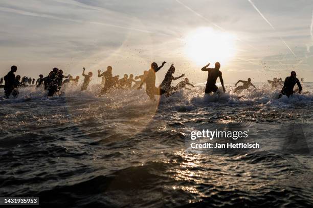 Athletes compete in the swim leg during the IRONMAN 70.3 Venice-Jesolo on October 09, 2022 in Jesolo, Italy.