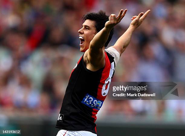 Angus Monfries of the Bombers celebrates a goal during the round four AFL match between the Carlton Blues and the Essendon Bombers at Melbourne...