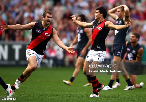 Angus Monfries of the Bombers celebrates a goal during the round four AFL match between the Carlton Blues and the Essendon Bombers at Melbourne...