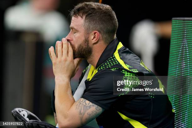 Matthew Wade of Australia reacts disappointed on the sidelines after getting out during game one of the T20 International series between Australia...