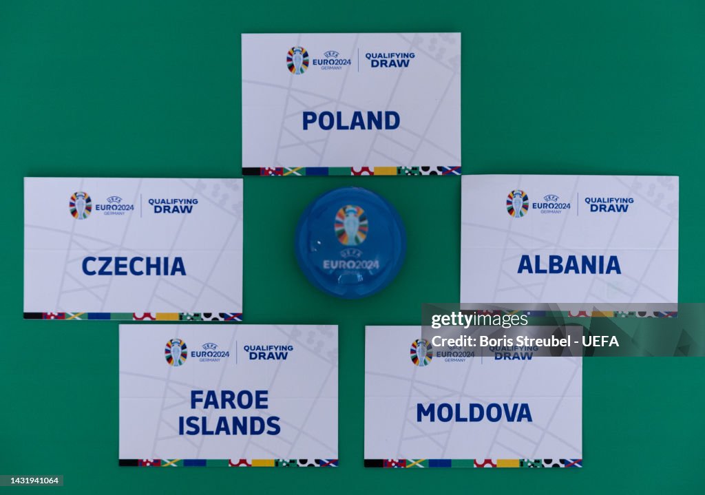 Teams cards of Group E are seen after the UEFA EURO 2025 Qualifying
