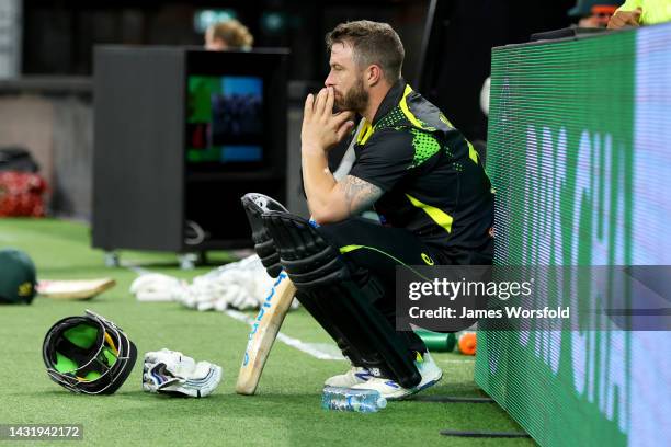 Matthew Wade of Australia reacts on the sidelines after getting out during game one of the T20 International series between Australia and England at...