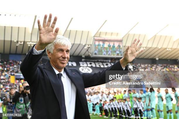 Gian Piero Gasperini, Head Coach of Atalanta BC, reacts prior to kick off of the Serie A match between Udinese Calcio and Atalanta BC at Dacia Arena...