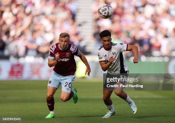 Jarrod Bowen of West Ham United is challenged by Antonee Robinson of Fulham during the Premier League match between West Ham United and Fulham FC at...