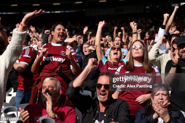 West Ham United fans celebrate their sides first goal by Jarrod Bowen of West Ham United during the Premier League match between West Ham United and...