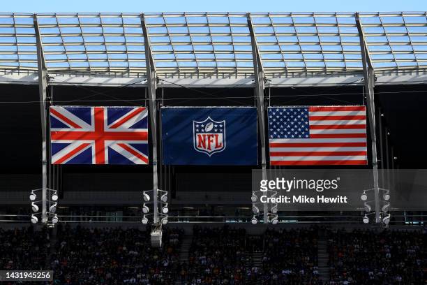 Detailed view of the flags of the United Kingdom and the United States inside the stadium prior to the NFL match between New York Giants and Green...