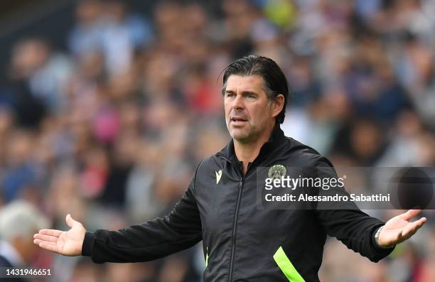 Andrea Sottil, Head Coach of Udinese Calcio, reacts during the Serie A match between Udinese Calcio and Atalanta BC at Dacia Arena on October 09,...