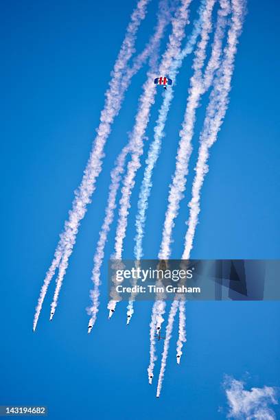 Falcons freefall parachute team taking part in air display at RAF Brize Norton Air Base, UK