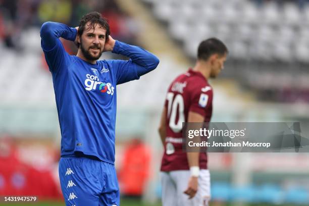 Mattia Destro of Empoli FC reacts after what would have been his second goal was disallowed for offside during the Serie A match between Torino FC...