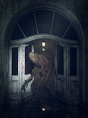 Bogeyman monster creeping through hallway of old abandoned hospital or asylum. Horror concept 3D illustration for cover design.