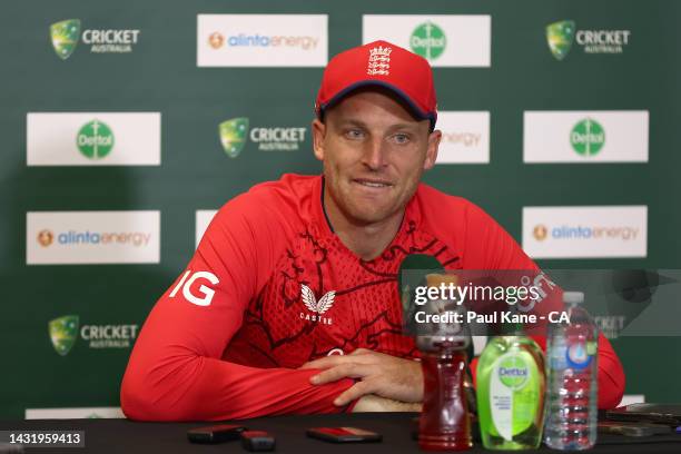 Jos Buttler of England addresses the media in the post match media conference during game one of the T20 International series between Australia and...