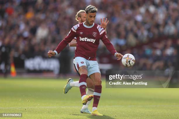 Gianluca Scamacca of West Ham United scores their team's second goal during the Premier League match between West Ham United and Fulham FC at London...