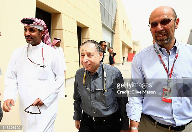 President Jean Todt arrives in the paddock ahead of qualifying for the Bahrain Formula One Grand Prix at the Bahrain International Circuit on April...