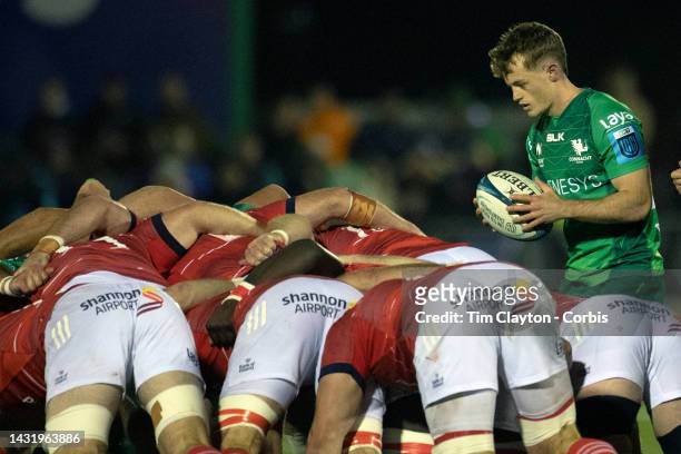 October 07: Colm Reilly of Connacht prepares to feed the scrum during the Connacht V Munster, United Rugby Championship match at The Sportsground on...