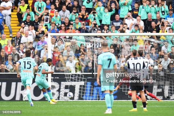 Luis Muriel of Atalanta BC scores their side's second goal from a penalty during the Serie A match between Udinese Calcio and Atalanta BC at Dacia...