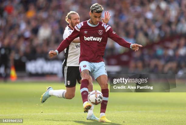 Gianluca Scamacca of West Ham United scores their team's second goal during the Premier League match between West Ham United and Fulham FC at London...