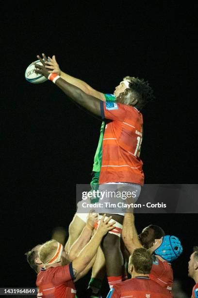 October 07: Niall Murray of Connacht and Edwin Edogbo of Munster challenge at a line out during the Connacht V Munster, United Rugby Championship...