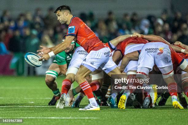 October 07: Conor Murray of Munster makes a pass during the Connacht V Munster, United Rugby Championship match at The Sportsground on October 7th,...