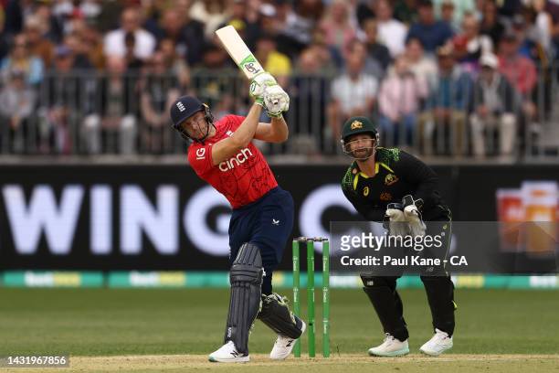 Jos Buttler of England bats during game one of the T20 International series between Australia and England at Optus Stadium on October 09, 2022 in...